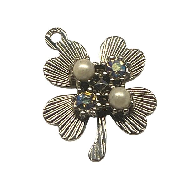 Four-Leaf Clover Rhinestone & Faux Pearl Pendant Charm - Picture 2 of 5